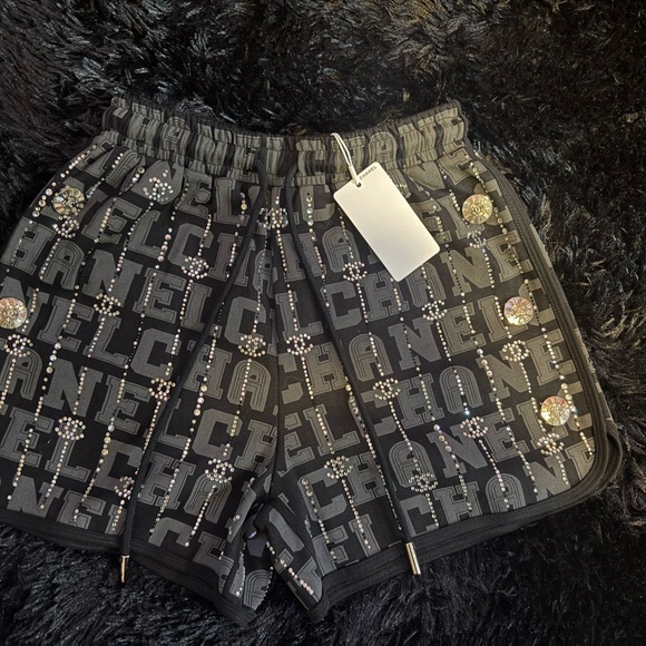 CHANEL Pants - Chanel Black and Silver Embellished Women's Athletic Shorts